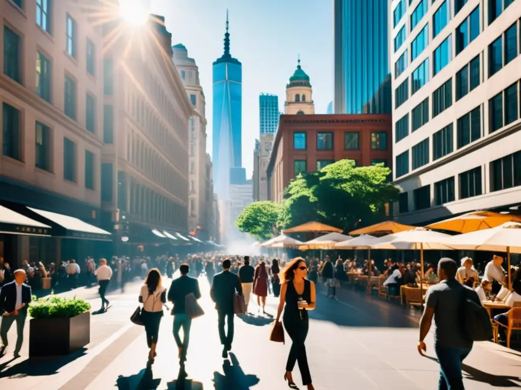 Una bulliciosa calle de la ciudad llena de gente diversa, reflejando la energía y vitalidad de la vida urbana