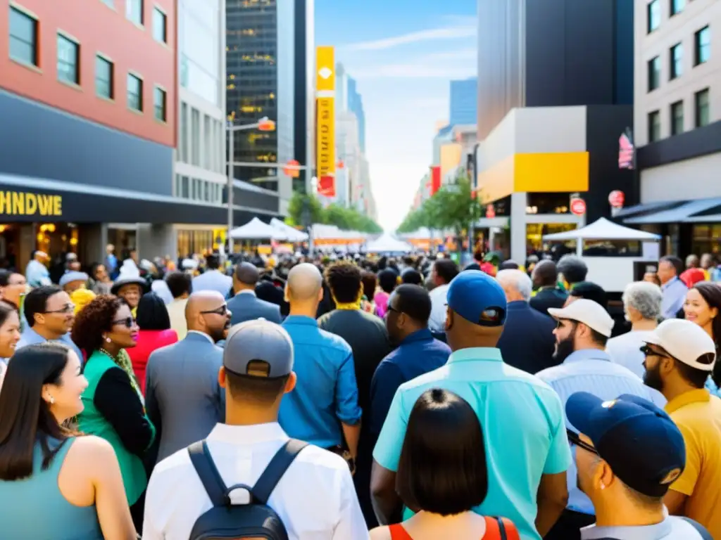 Una bulliciosa calle de la ciudad donde personas de diversos orígenes participan en un foro público, discutiendo con pasión y tomando notas