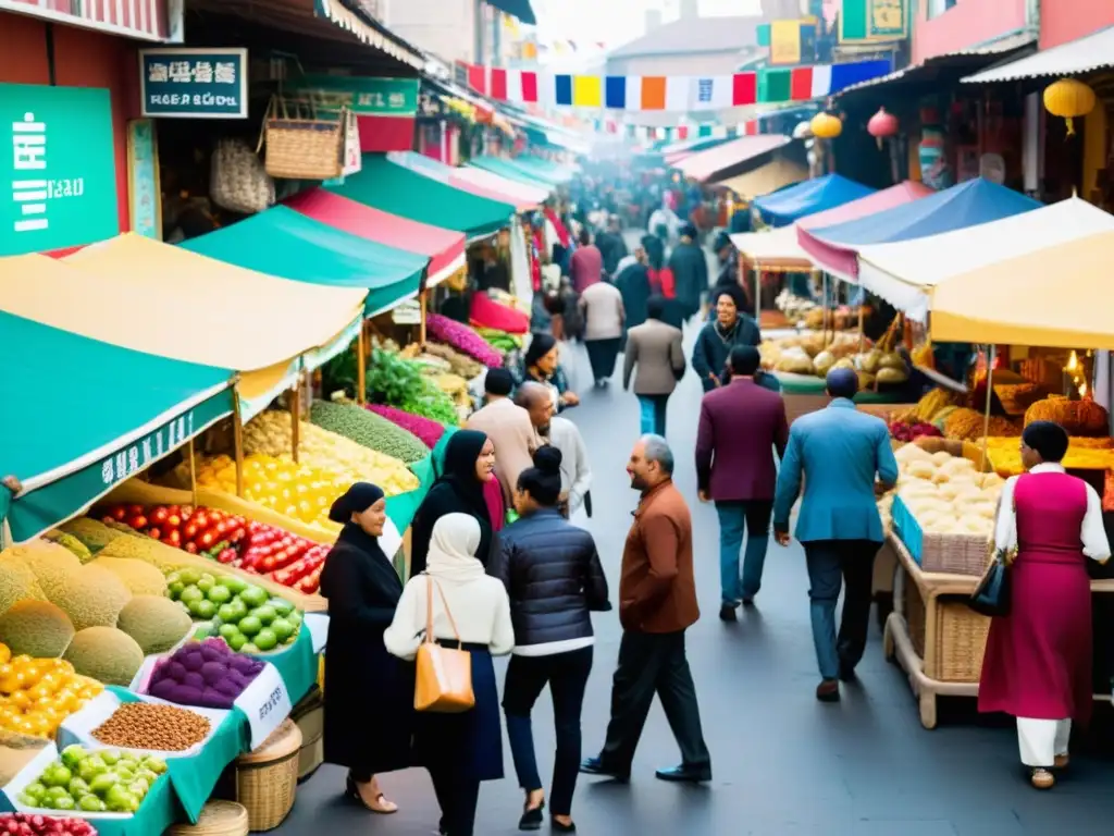 Un bullicioso mercado multicultural con intercambio global de productos y culturas