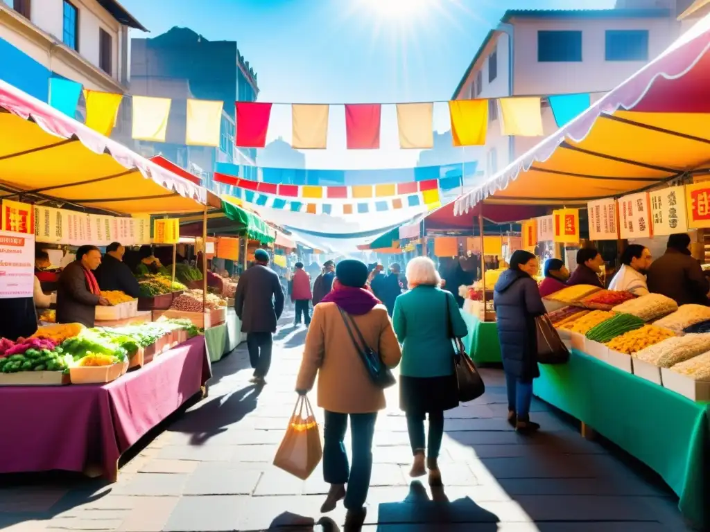 En un bullicioso mercado, personas de todas las edades y culturas realizan transacciones en diversos puestos