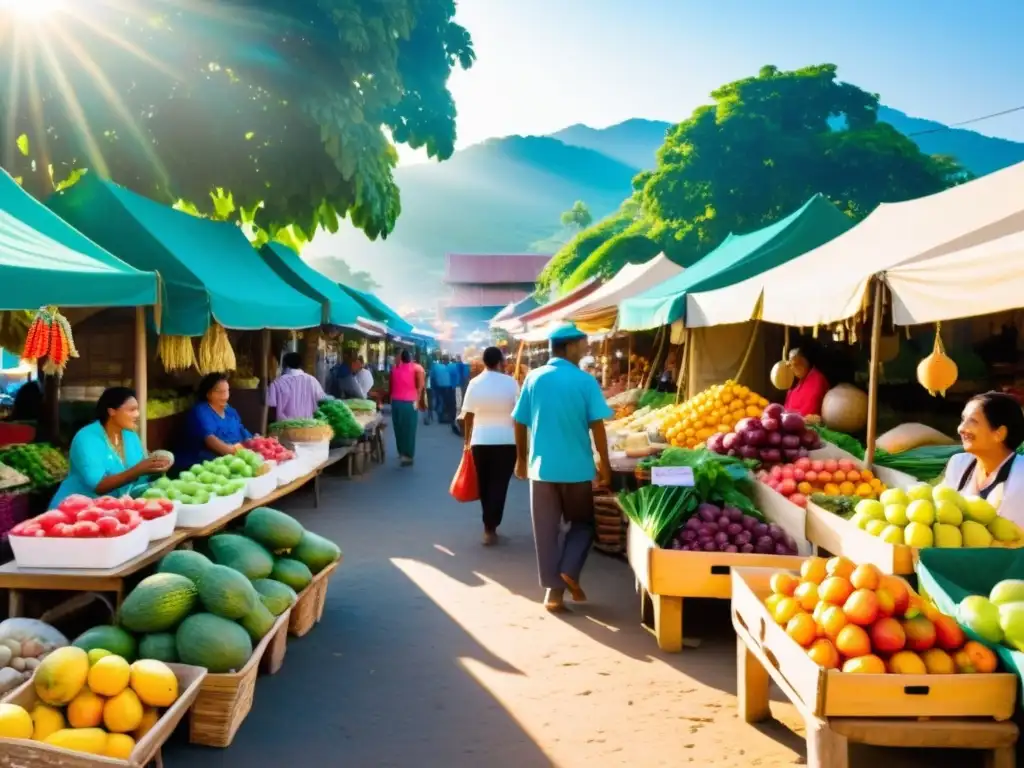 Un bullicioso mercado rural lleno de coloridas frutas, verduras y artesanías