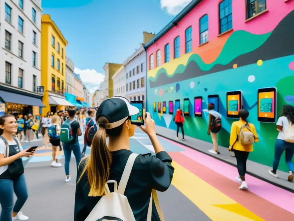 Un bullicioso y vibrante mural urbano, donde jóvenes voluntarios presentan una instalación de arte en realidad aumentada para proyectos sociales