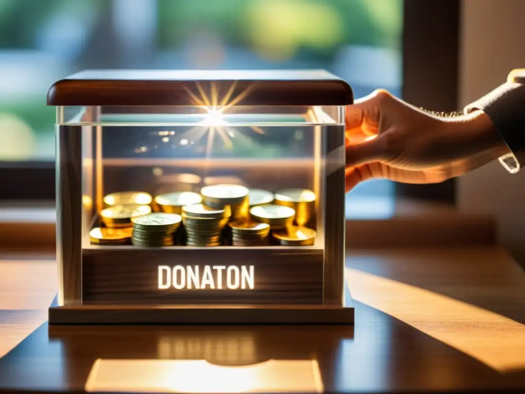 Una caja de donaciones transparente iluminada por el sol, con monedas y billetes adentro