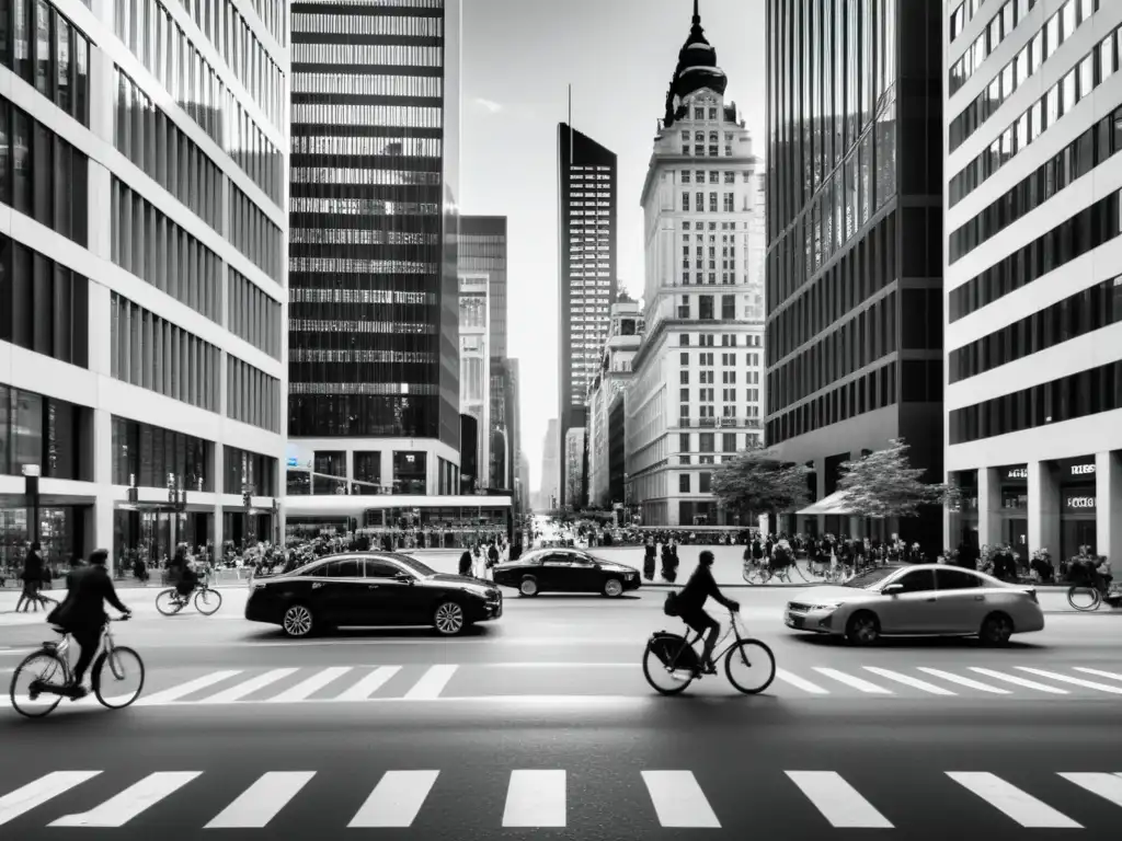 Una calle bulliciosa de la ciudad en blanco y negro, con rascacielos modernos y edificios históricos