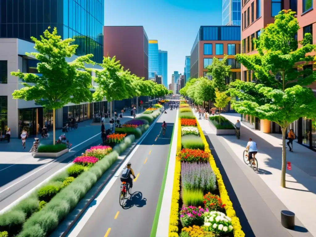 Una calle urbana bulliciosa con ciclistas y peatones, árboles verdes y edificios sostenibles