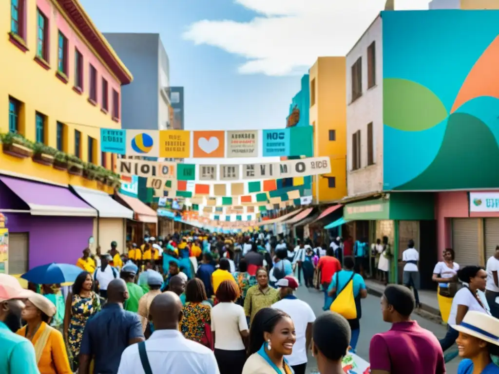 Una calle urbana llena de vida y diversidad, reflejando la influencia de las ONGs en las relaciones intermunicipales