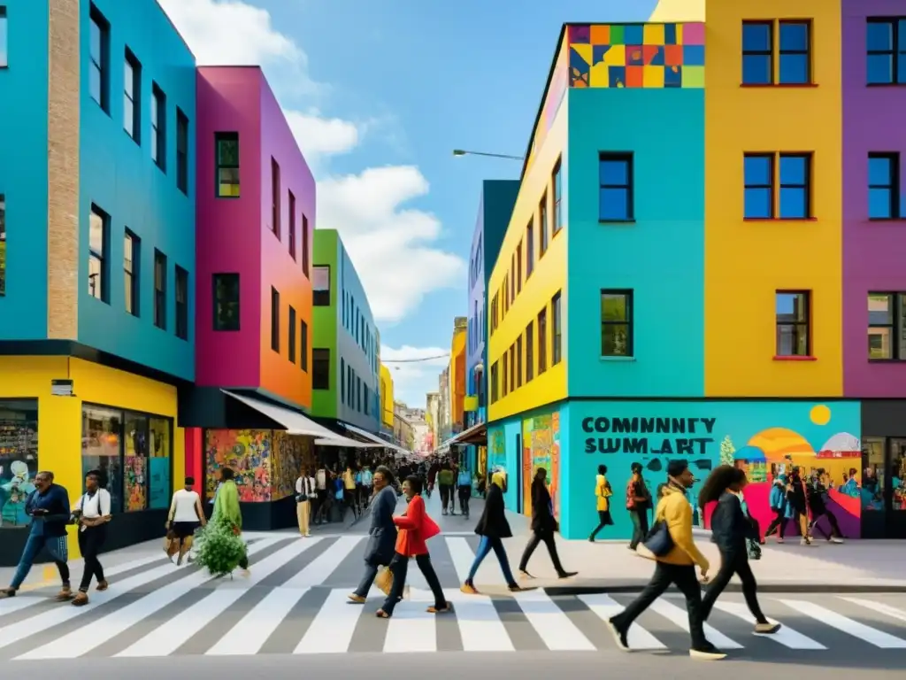 Una calle urbana llena de vida y color, reflejo del rol de las ONGs en urbanismo sostenible y comunitario