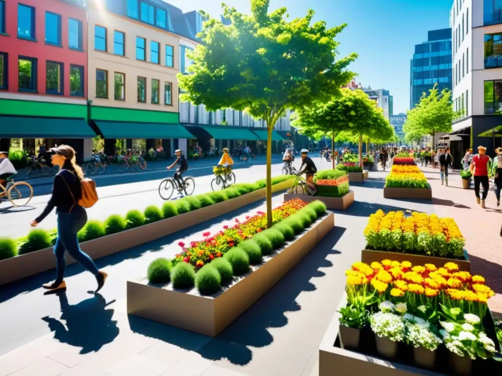 Una calle urbana sostenible llena de vida, con árboles y ciclistas