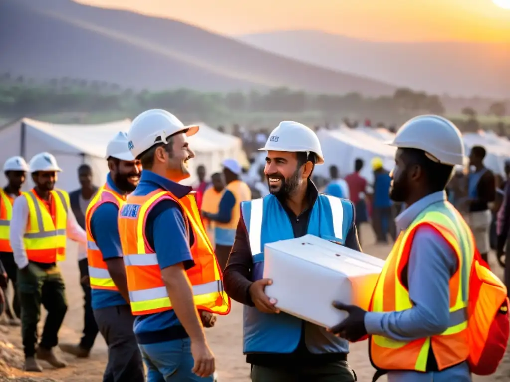 En un campamento de refugiados, trabajadores humanitarios distribuyen suministros de emergencia al atardecer, transmitiendo determinación y esperanza