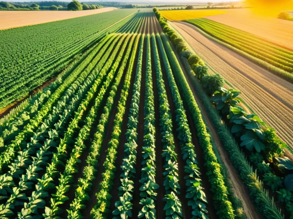 Campo de cultivo vibrante bañado por el cálido sol, destacando prácticas ecoamigables en agricultura sostenible