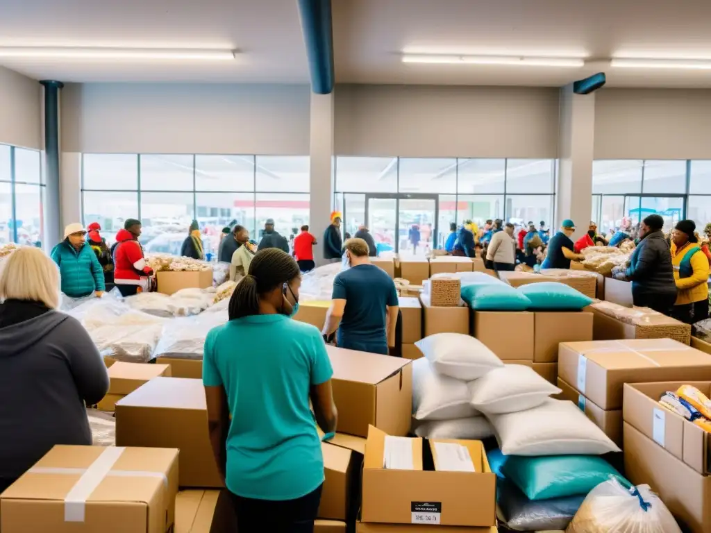 Caótico centro de donaciones con voluntarios, beneficiarios agradecidos y personal compasivo