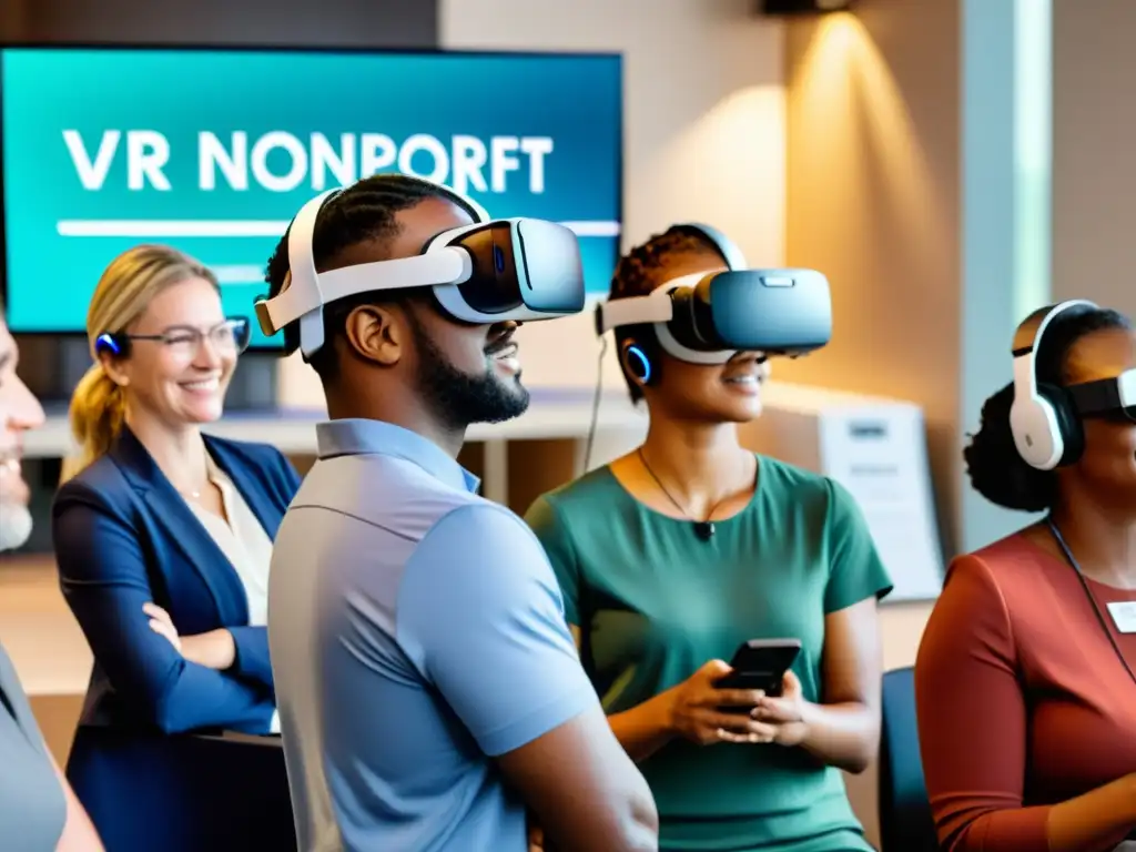 Capacitación en realidad virtual para ONGs: Diversas personas usan VR en una ONG, con colaboración y espíritu innovador