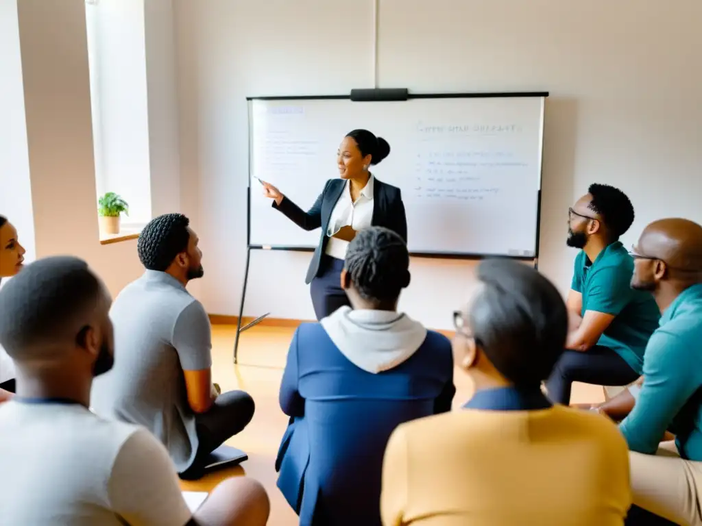 Una capacitación en salud mental para ONGs, con participantes comprometidos en una animada discusión y aprendizaje en un ambiente cálido y luminoso