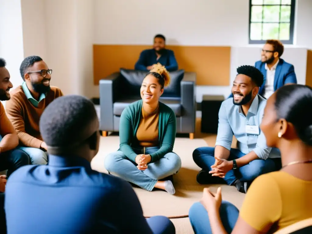 Capacitación en valores inclusivos para ONG: Grupo diverso en círculo, discuten animadamente en un taller