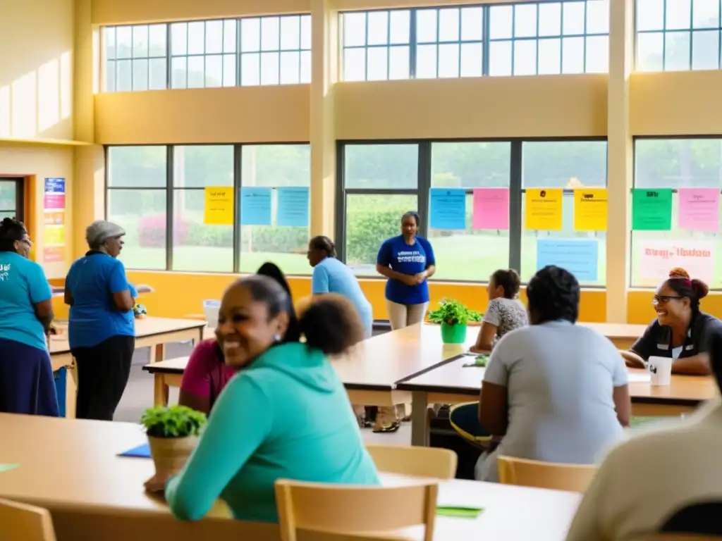 Un centro comunitario bullicioso con voluntarios comprometidos en diversas actividades, mostrando entusiasmo y determinación en sus rostros