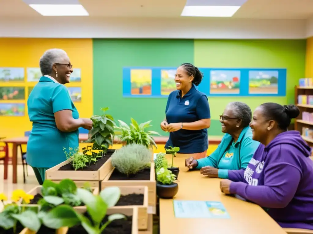 En un centro comunitario, miembros diversos disfrutan actividades de resiliencia en comunidades ONGs: jardinería, cocina, talleres de arte