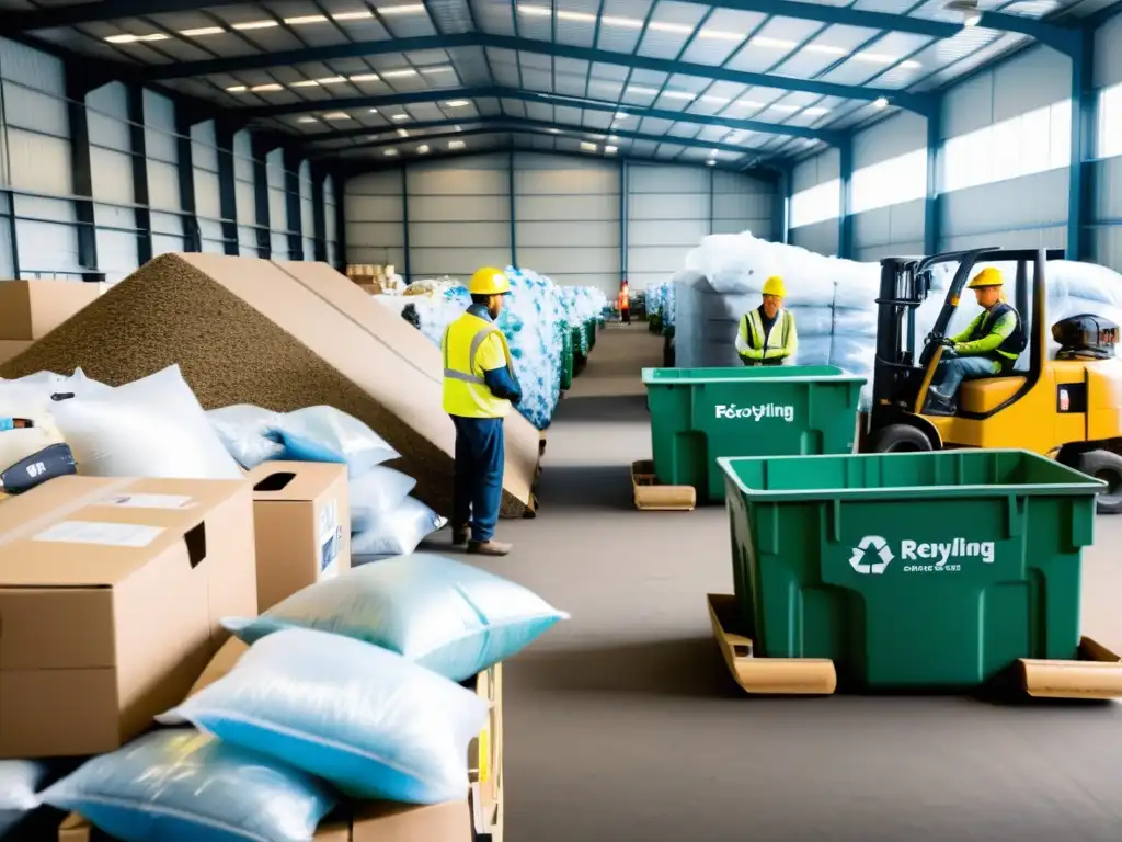 Un centro de reciclaje bullicioso con trabajadores clasificando y procesando materiales, mostrando la cooperación internacional para economía circular