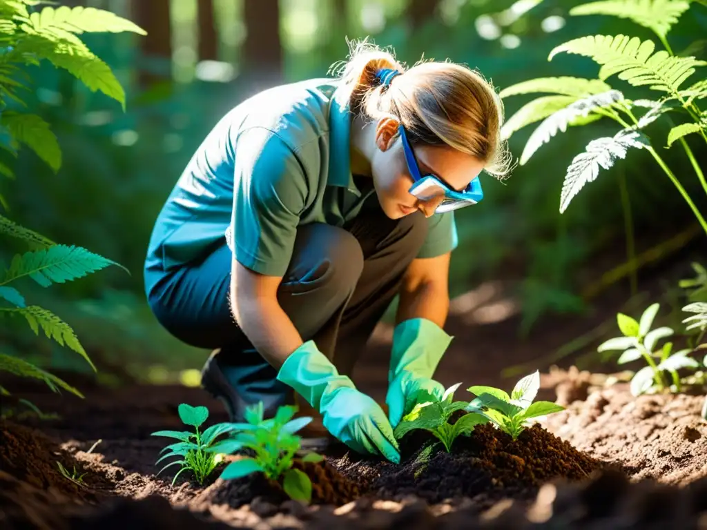 Un científico ambiental toma muestras de suelo en un bosque, rodeado de exuberante vegetación