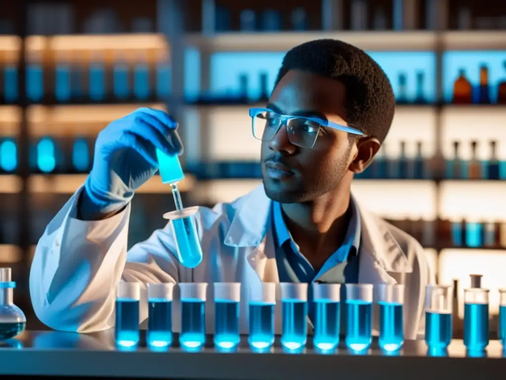 Un científico examina con cuidado un tubo de ensayo con un líquido azul brillante en un laboratorio lleno de equipo científico y libros