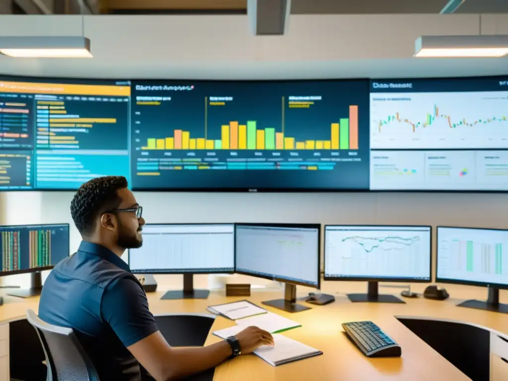 Un científico de datos analiza un complejo conjunto de datos en una oficina de ONG, rodeado de gráficos, en un ambiente dinámico y colaborativo