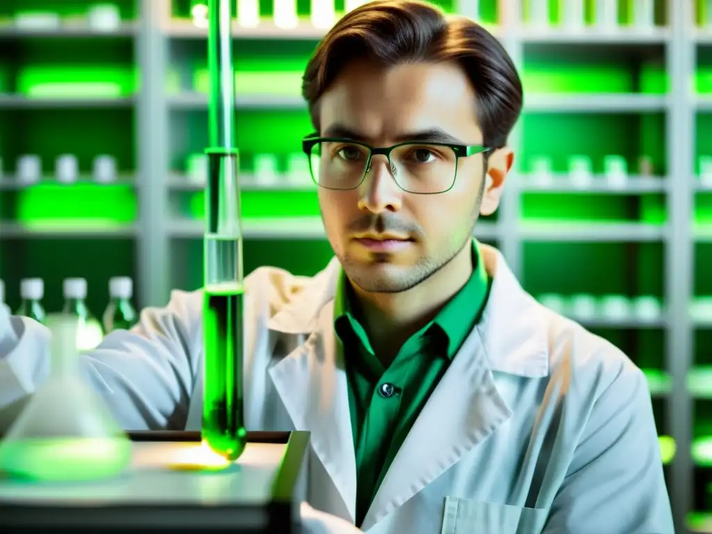 Un científico en su laboratorio, concentrado y determinado, sostiene un tubo de ensayo con líquido verde brillante