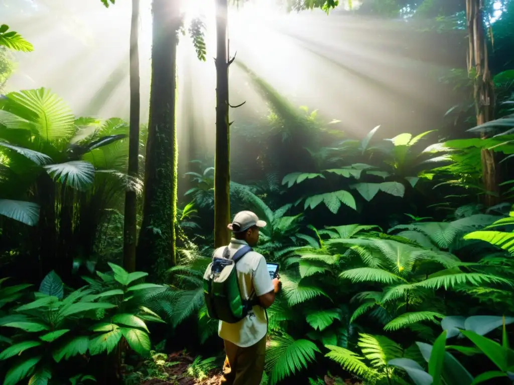 Un científico realiza monitoreo ambiental para proyectos ecológicos en un exuberante bosque tropical