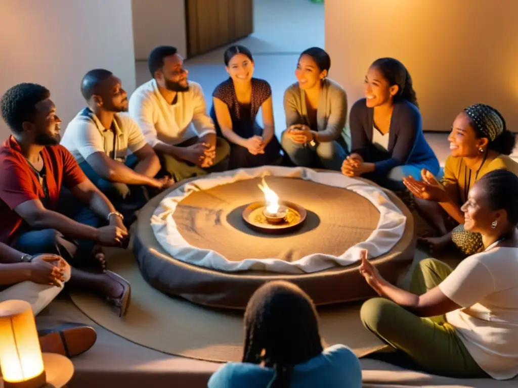 Un círculo de diversidad cultural se reúne para adaptar storytelling en ONGs, cada uno aportando su herencia cultural en un ambiente cálido y acogedor