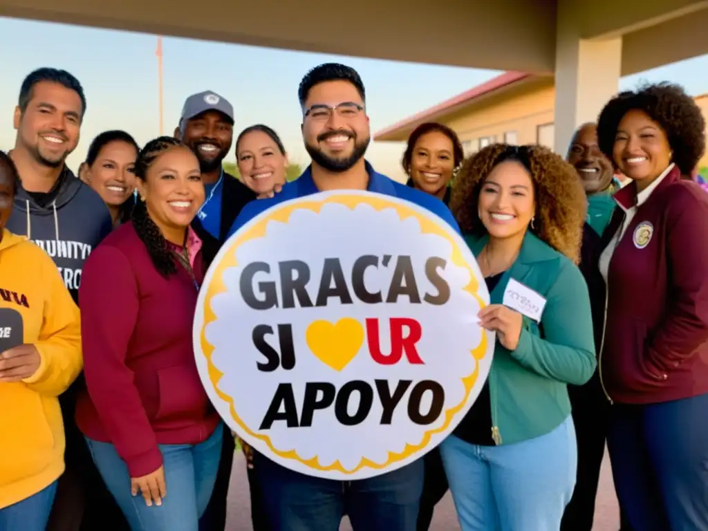 Un círculo de diversidad y gratitud en una ONG: participantes dialogan mientras una niña sostiene un cartel 'Gracias por su apoyo'