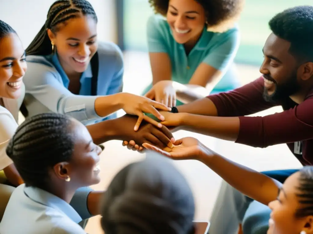 Un círculo de diversidad comparte historias apasionadas y colabora, rodeados de materiales educativos