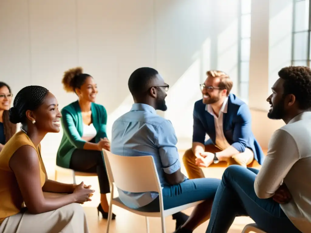 Un círculo de diversidad escuchando y compartiendo en una sesión de feedback constructivo