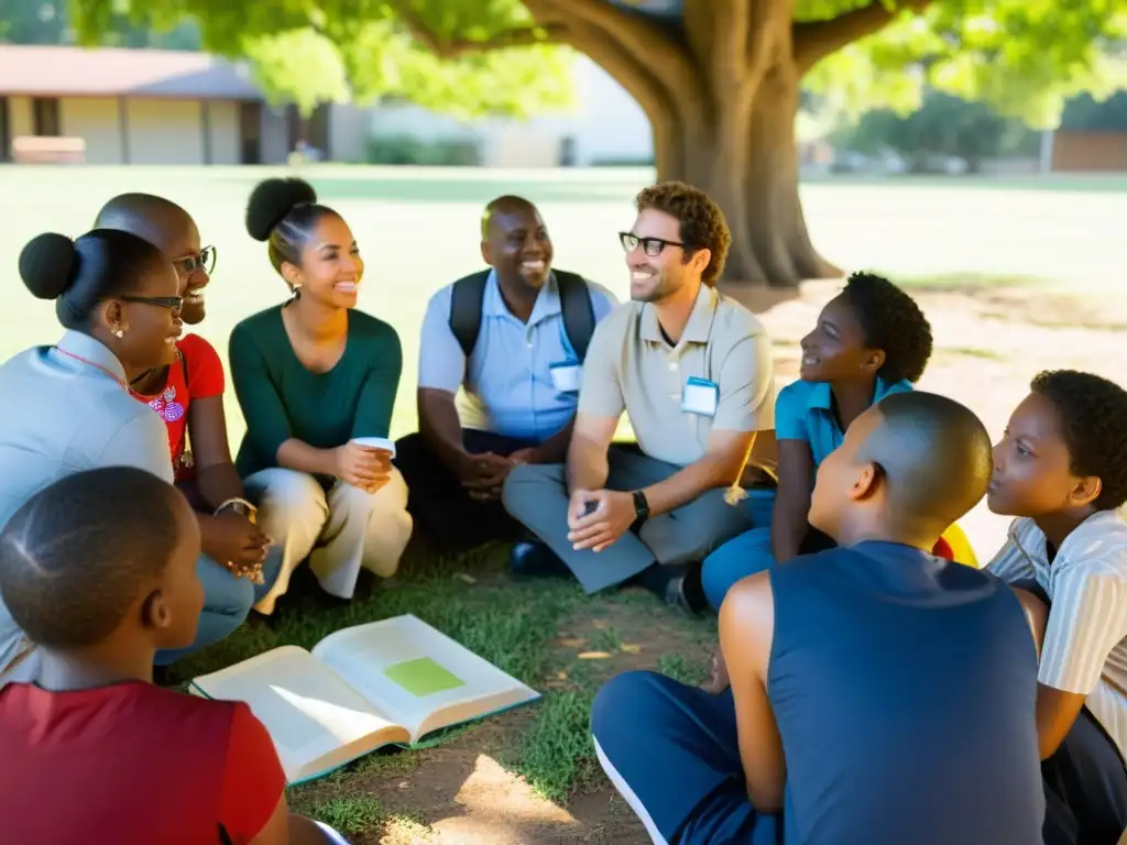 Un círculo de diversidad en la sombra de un árbol, colaborando en iniciativas educativas para promover la paz y la comprensión, con luz cálida filtrándose entre las hojas y un mural colorido de unidad en el fondo