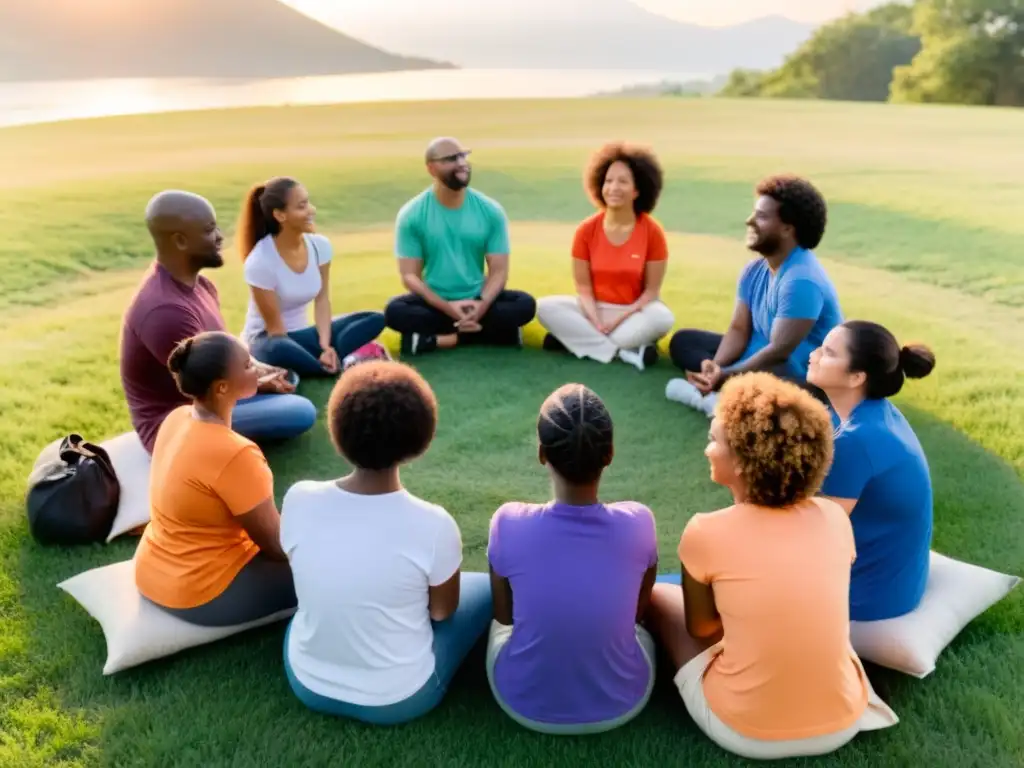 Un círculo diverso de individuos practica mindfulness al atardecer, simbolizando la integración de la atención plena en ONGs