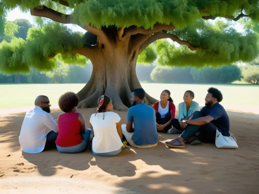 Un círculo de individuos diversos se reúne bajo un árbol, compartiendo historias con empatía y respeto