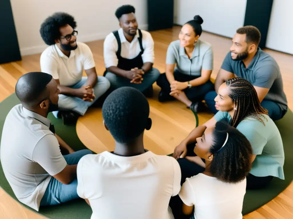 Un círculo de individuos diversos en profunda conversación en un centro comunitario