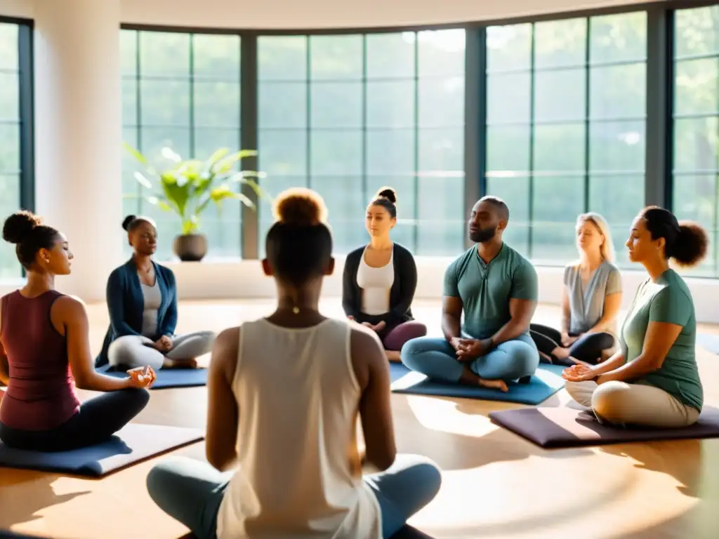 Un círculo de individuos diversos practica meditación guiada en un espacio sereno y soleado