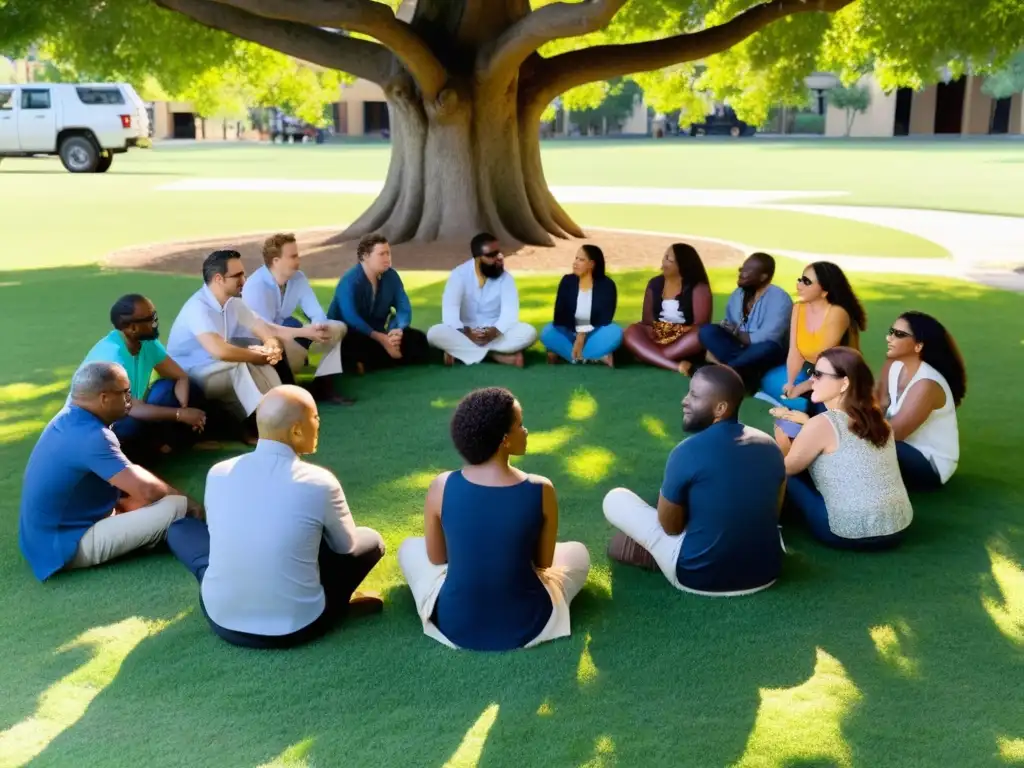 Un círculo de mediadores y líderes comunitarios discuten estrategias de mediación para ONGs bajo un árbol