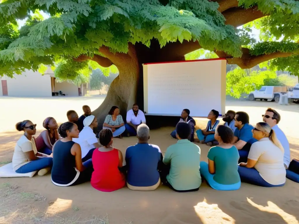 Un círculo de miembros de la comunidad diversa participa en un proceso de evaluación bajo un árbol