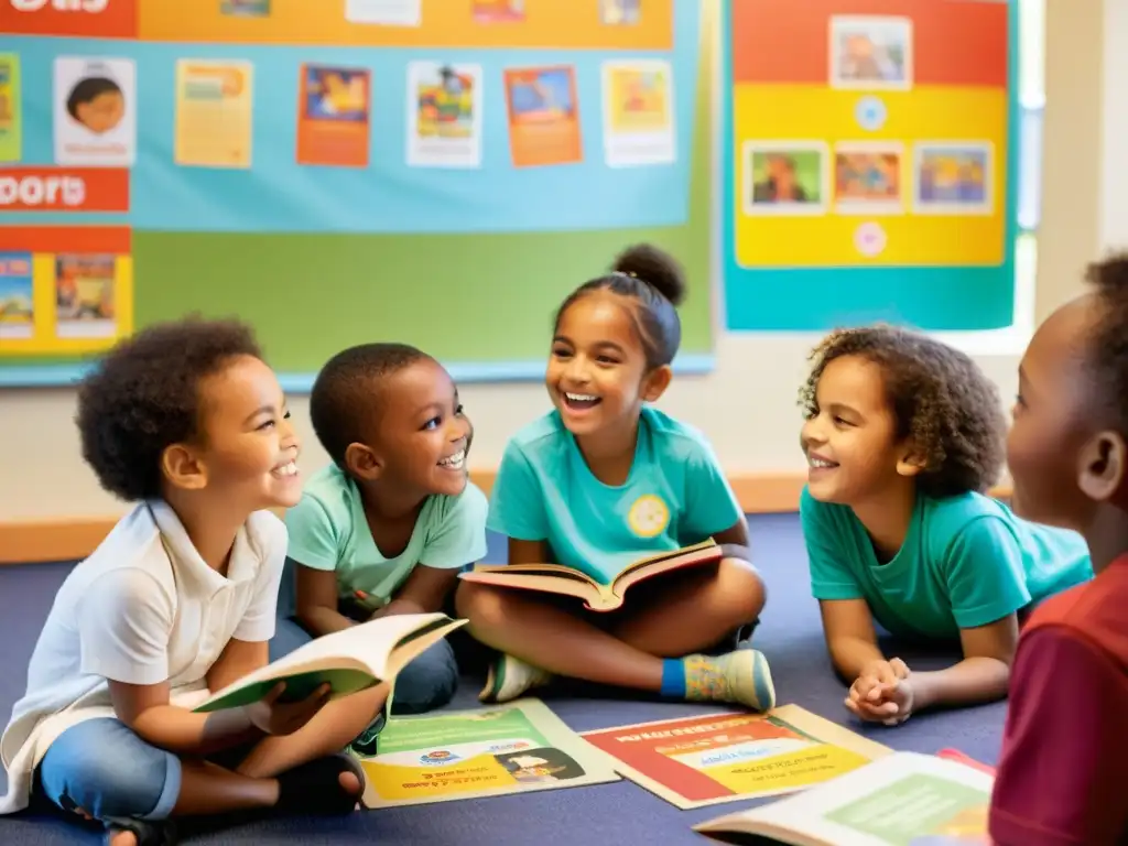 Un círculo de niños sonrientes rodeados de libros y pósters educativos en un centro comunitario