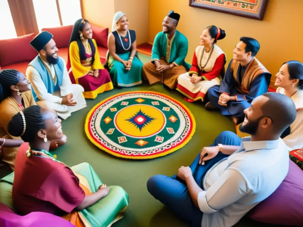 Un círculo de personas diversas con atuendos tradicionales, en una sala colorida