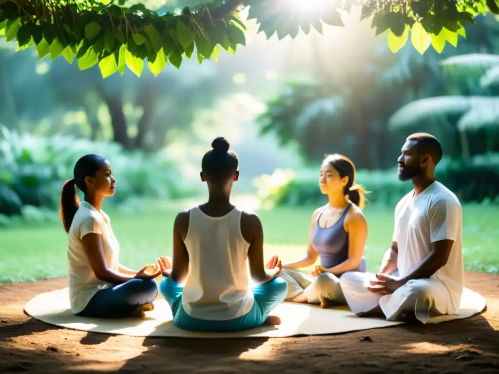 Un círculo de trabajadores humanitarios meditando en un entorno sereno y natural