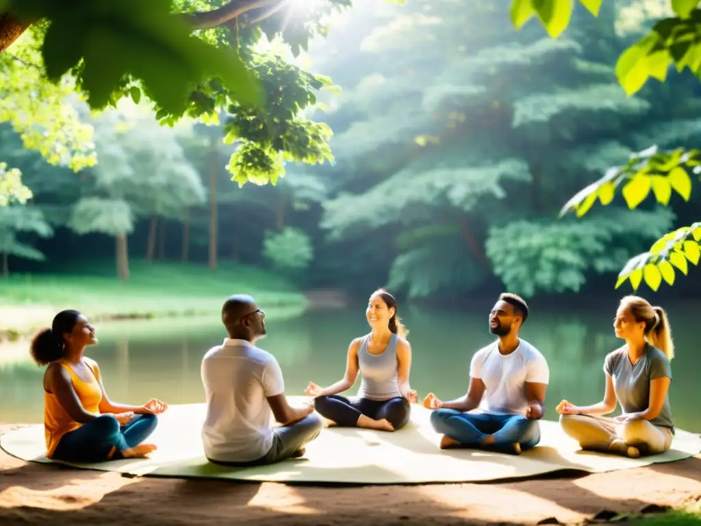 Un círculo de trabajadores de ONGs en armonía, practicando mindfulness en la naturaleza