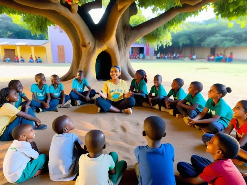 Un círculo de voluntarios apasionados cuenta historias a niños bajo un árbol, con murales coloridos de fondo