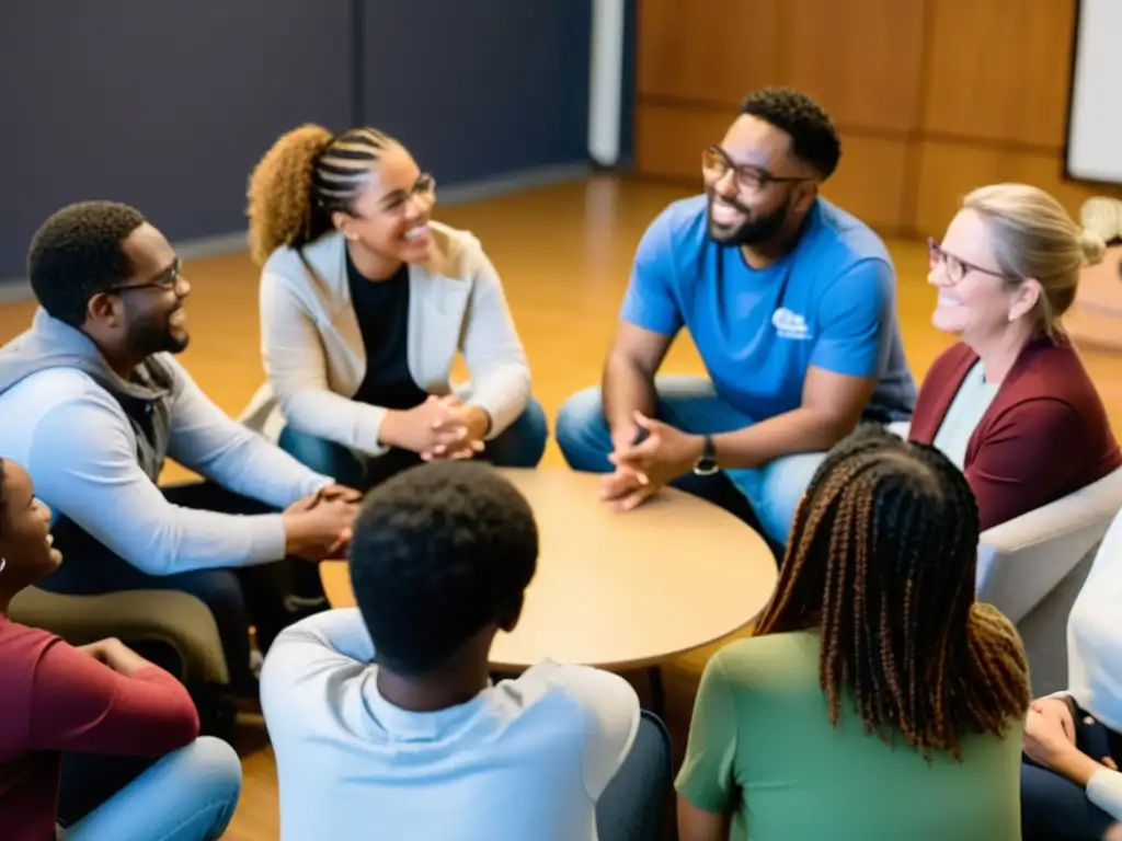 Un círculo de voluntarios diversos ofrece apoyo a personas con desafíos de salud mental en un centro comunitario acogedor