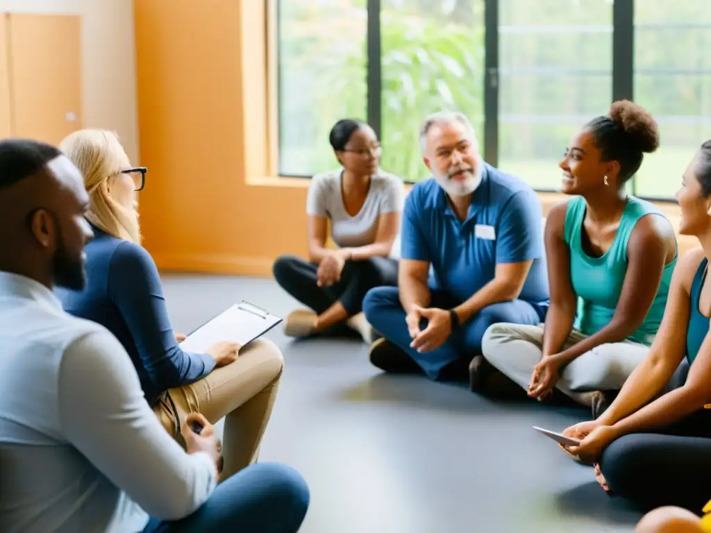 Un círculo de voluntarios diverso y un profesional de la salud mental conversan con empatía y apoyo