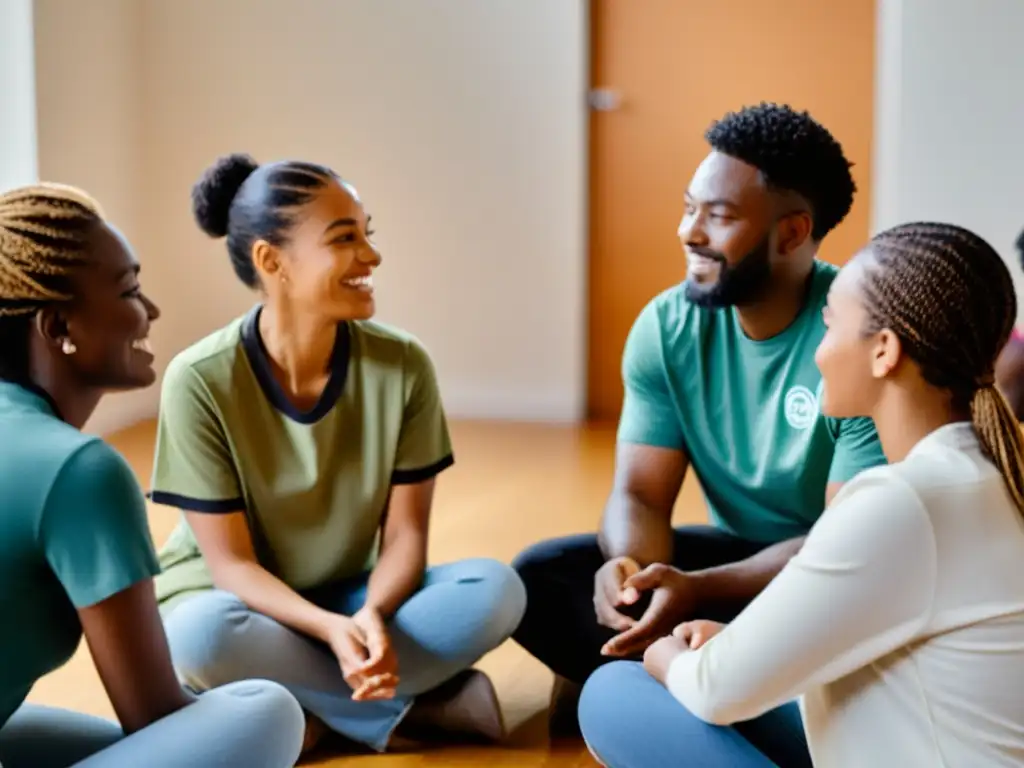 Un círculo de voluntarios diversos comparte experiencias en terapia grupal, fortaleciendo equipos con empatía y solidaridad