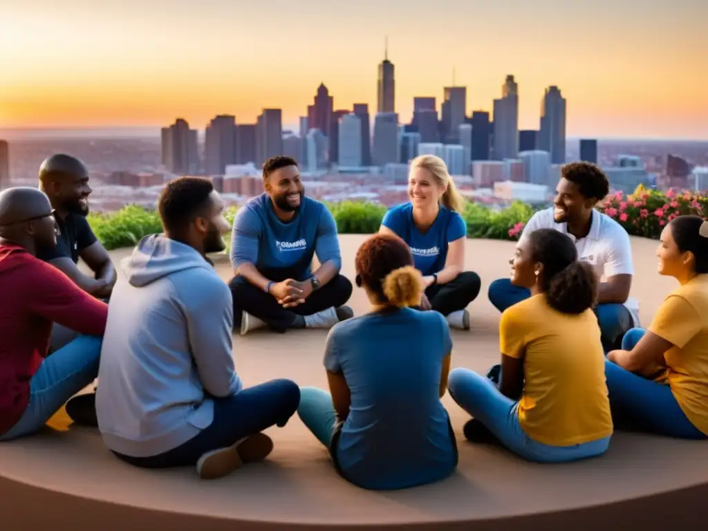 Un círculo de voluntarios escucha historias con empatía al atardecer en la ciudad