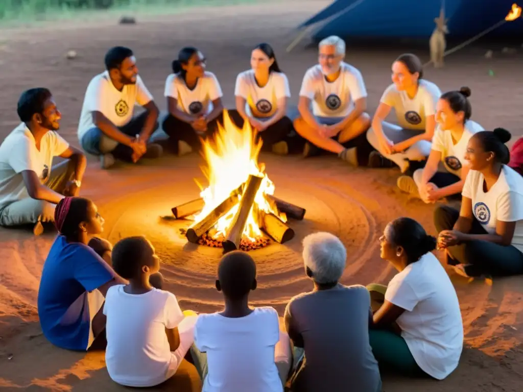 Un círculo de voluntarios escucha atentamente a un narrador junto al fuego