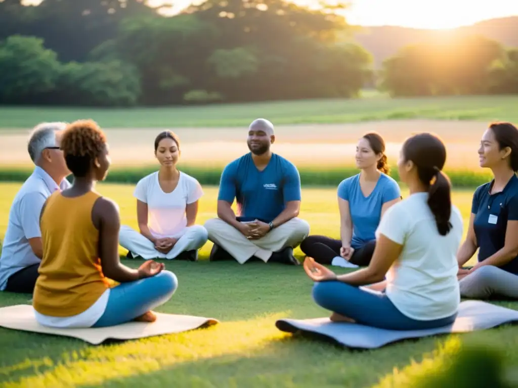 Un círculo de voluntarios y personal de ONGs practican meditación en un campo al atardecer