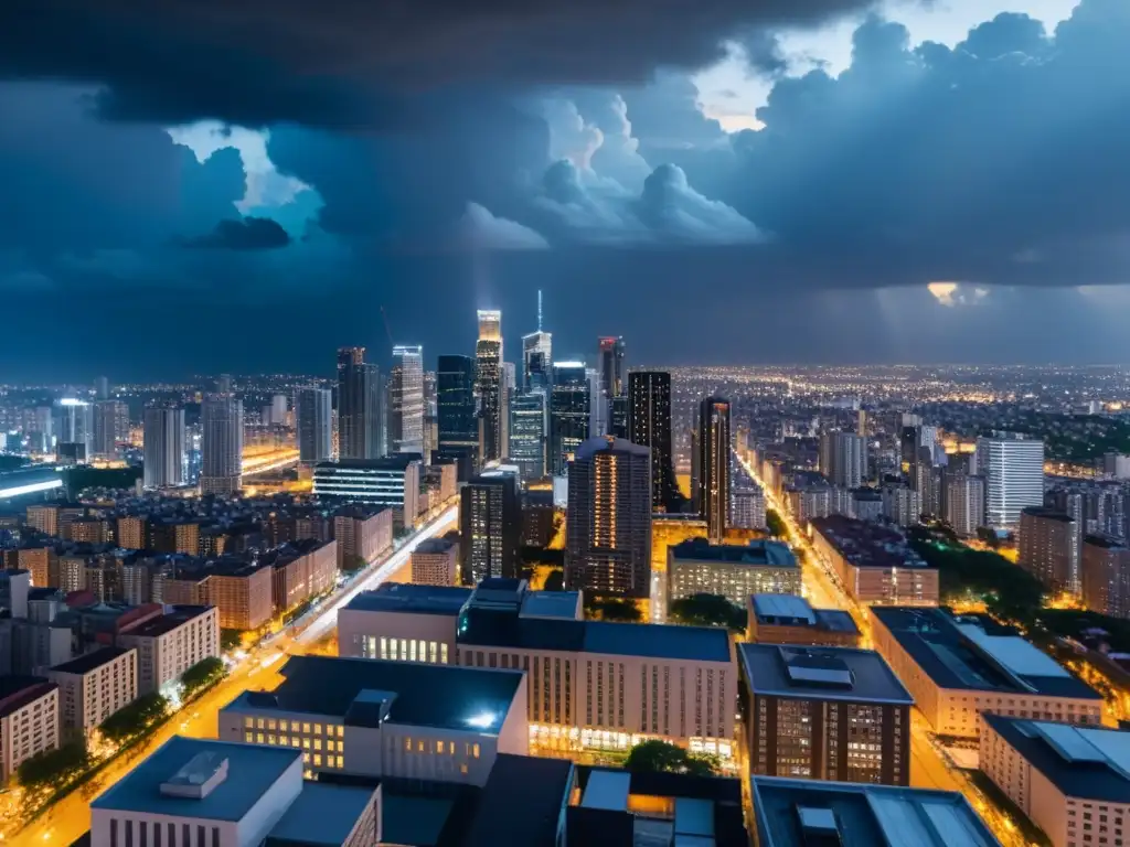 Una ciudad iluminada de noche con rascacielos y nubes tormentosas, pero un rayo de luz rompe la oscuridad