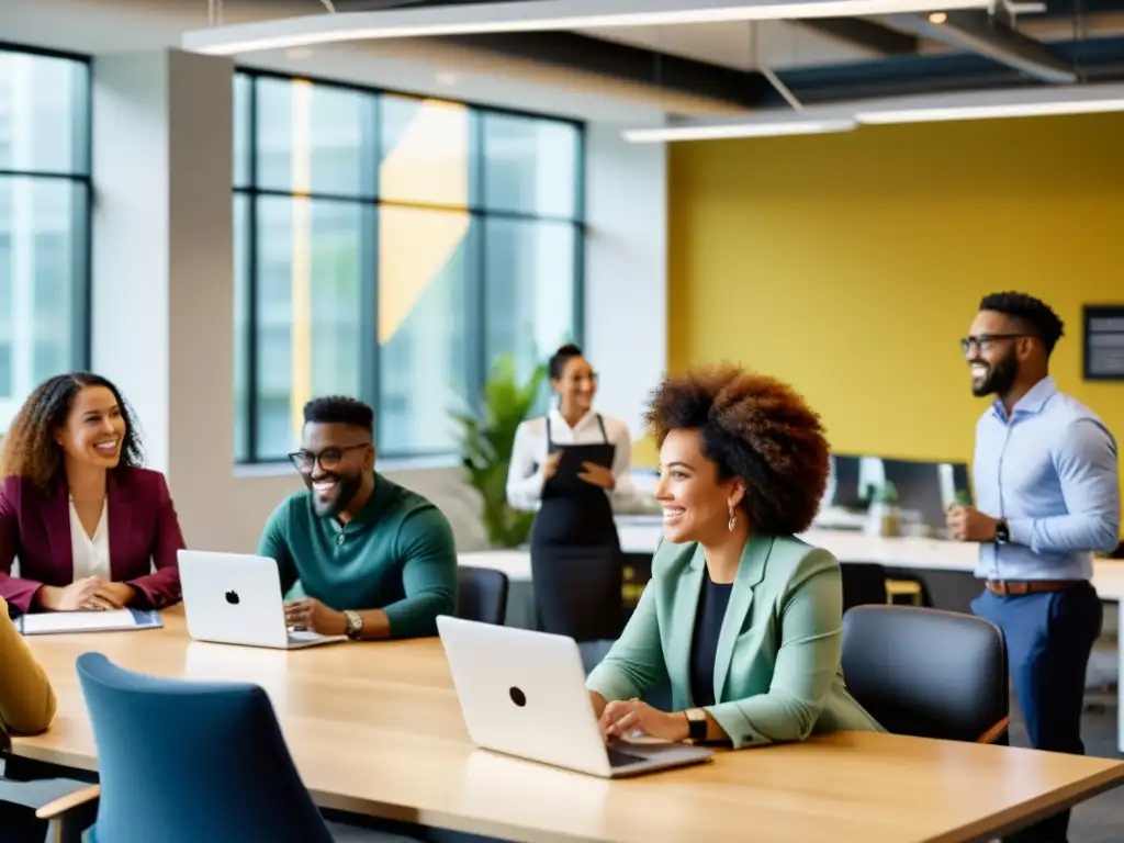 Colaboración inclusiva de empleados diversos en ambiente de oficina moderno y vibrante